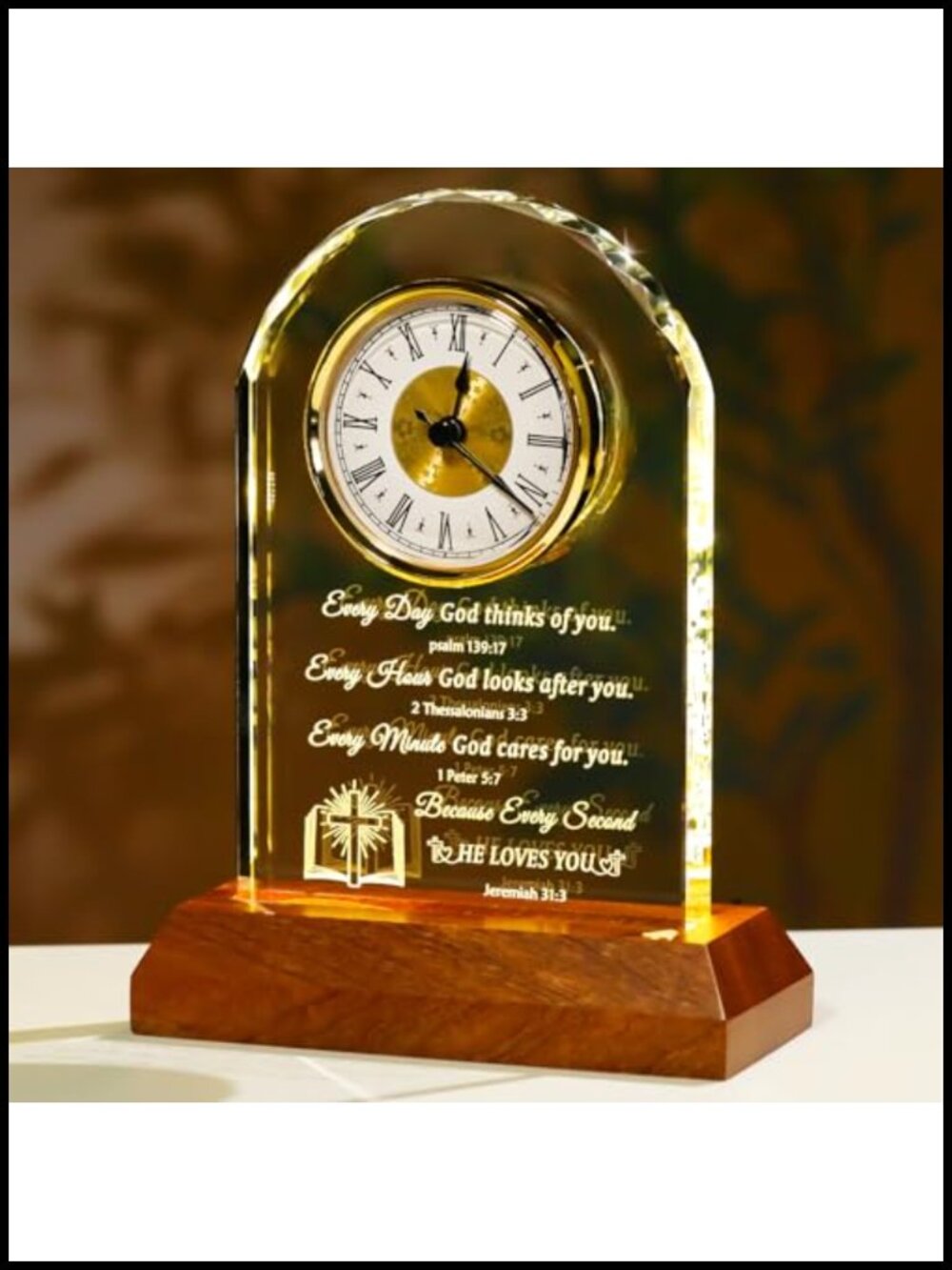 Glass Clock Christian Gift Quartz Wood Base Desk Shelf Decor